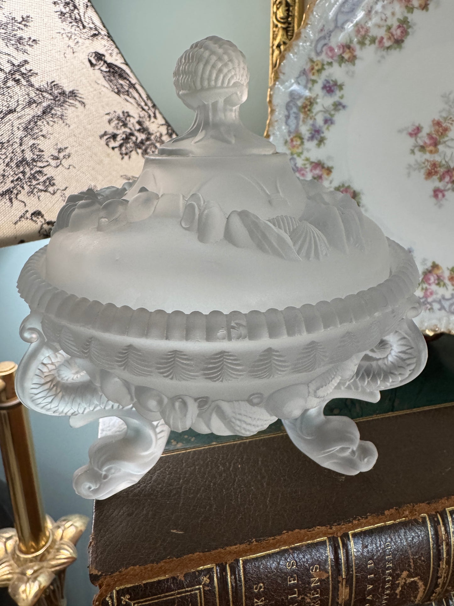 Westmoreland Arganaut Covered Satin Glass Dish Dolphin Footed Much Loved
