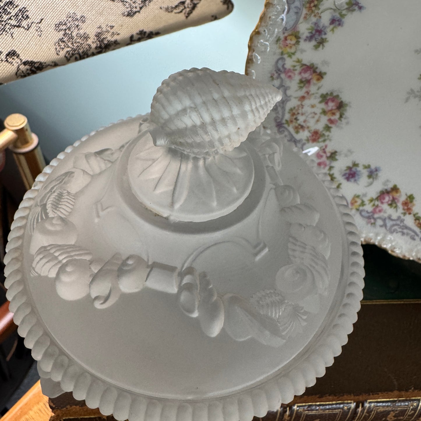 Westmoreland Arganaut Covered Satin Glass Dish Dolphin Footed Much Loved