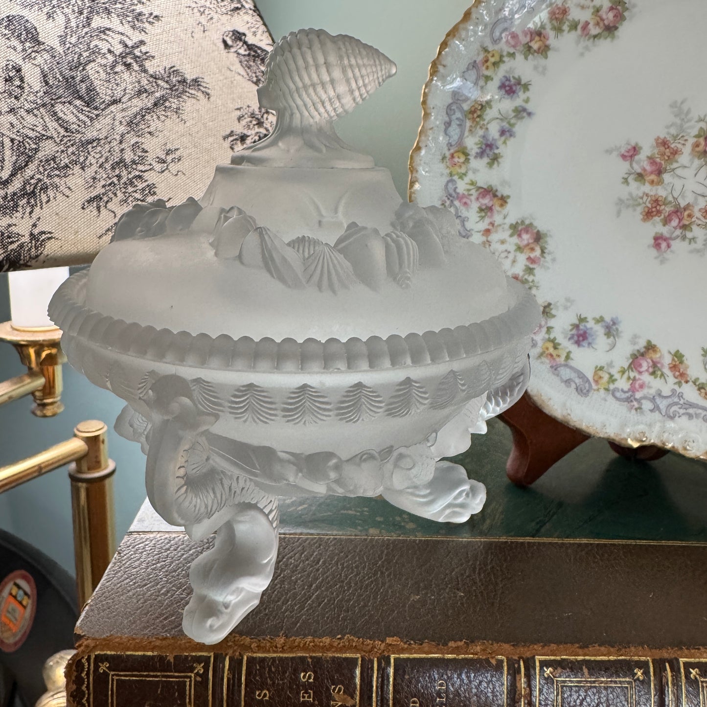 Westmoreland Arganaut Covered Satin Glass Dish Dolphin Footed Much Loved