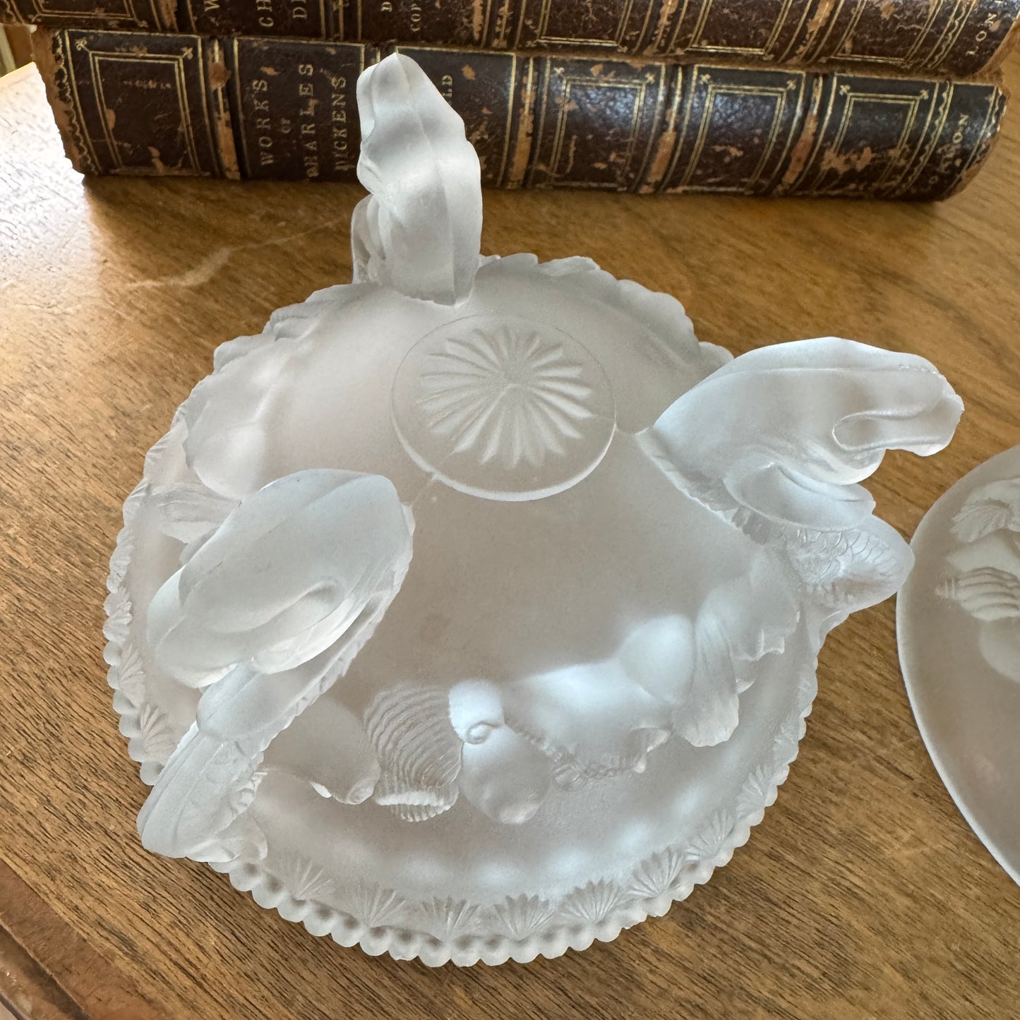 Westmoreland Arganaut Covered Satin Glass Dish Dolphin Footed Much Loved