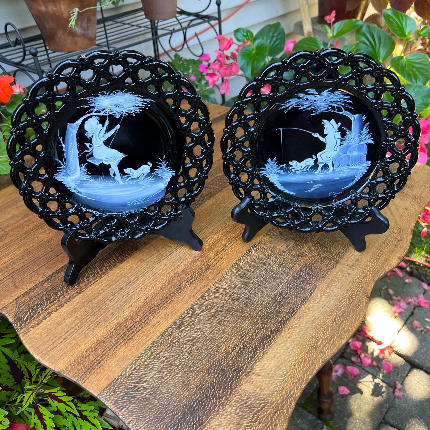 Two Vintage Westmoreland Mary Gregory Black & White Glass Plates