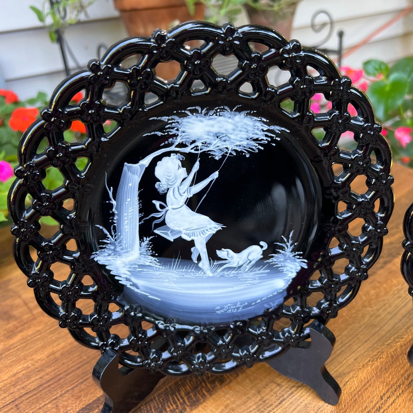 Two Vintage Westmoreland Mary Gregory Black & White Glass Plates
