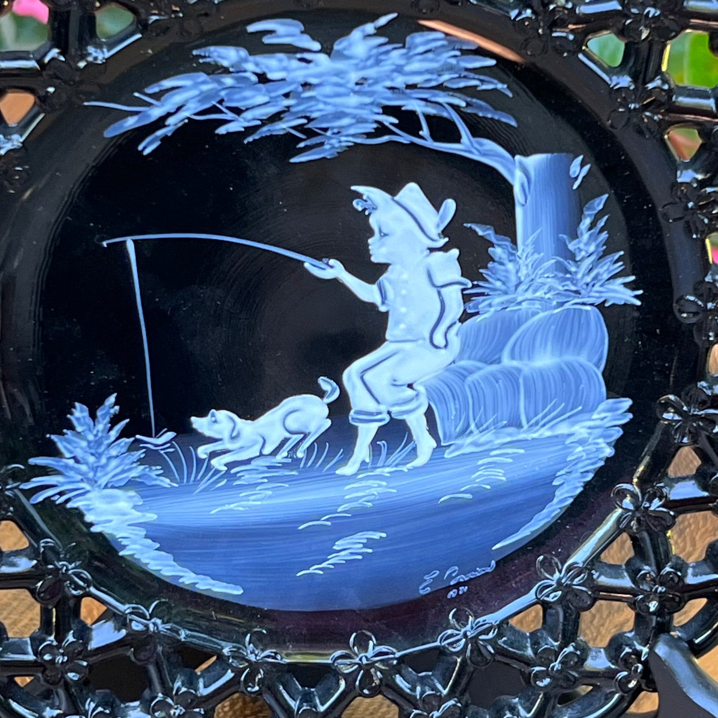 Two Vintage Westmoreland Mary Gregory Black & White Glass Plates