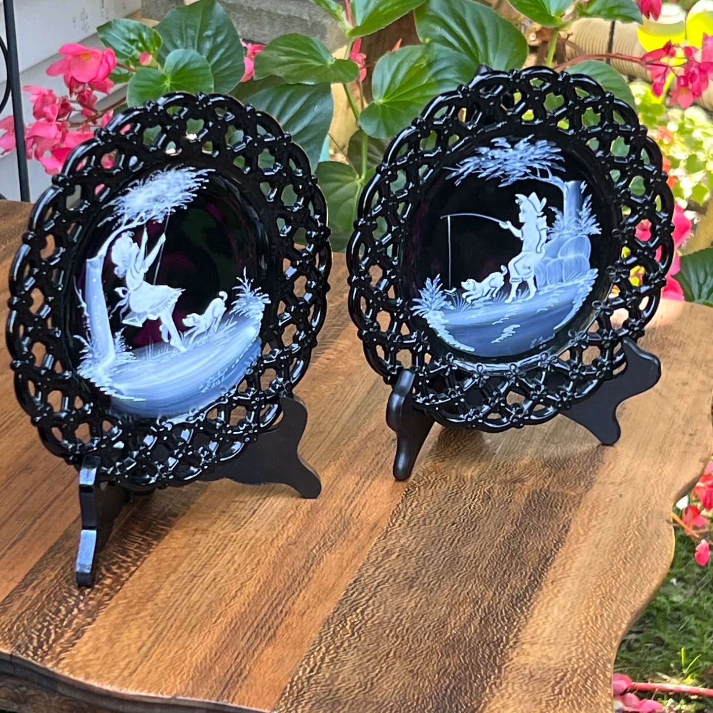 Two Vintage Westmoreland Mary Gregory Black & White Glass Plates