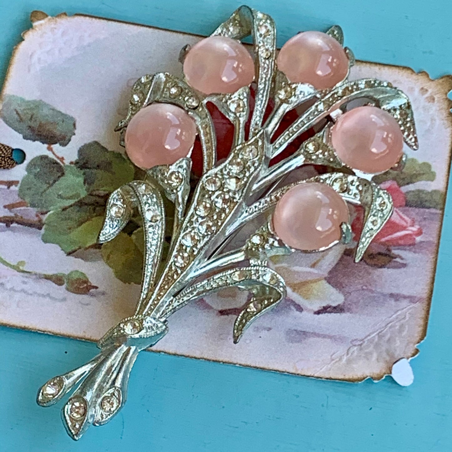 Unsigned Coro Soft Pink moon Glow Lucite & Rhinestone Stylized Floral Bouquet Pin