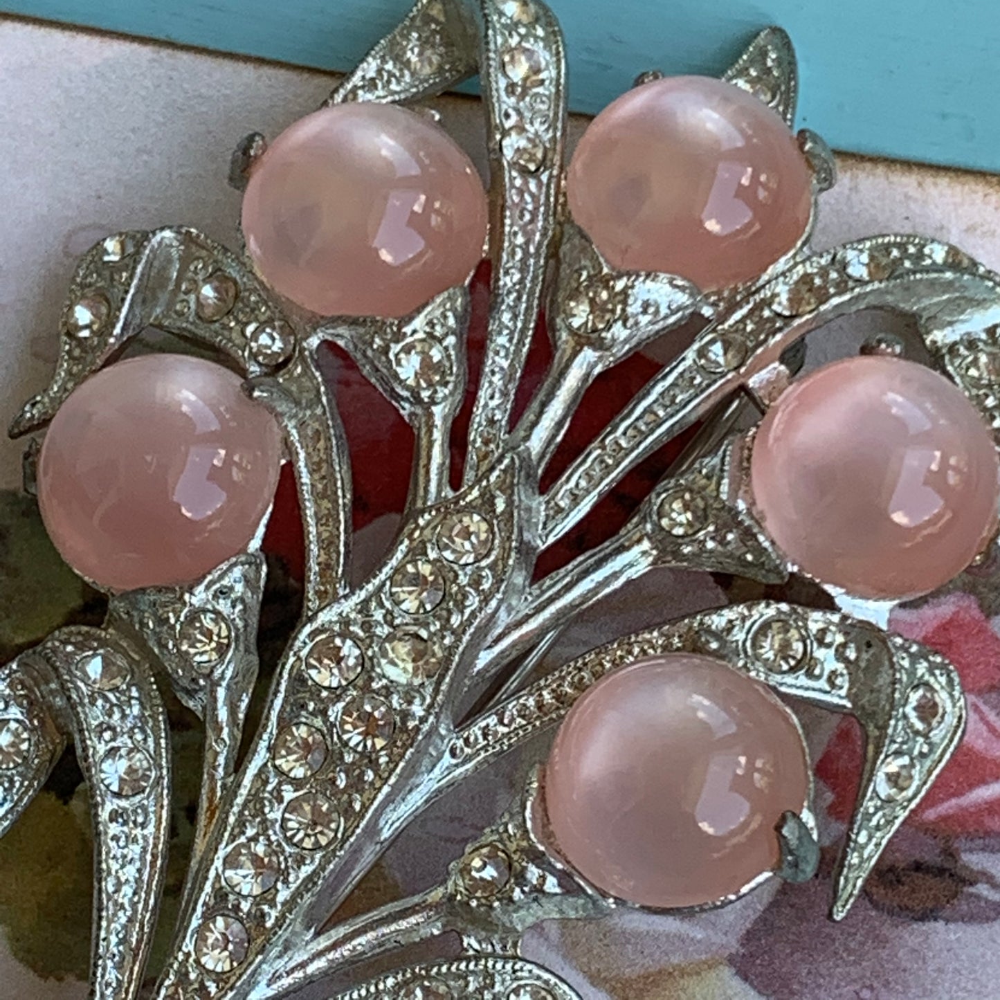 Unsigned Coro Soft Pink moon Glow Lucite & Rhinestone Stylized Floral Bouquet Pin