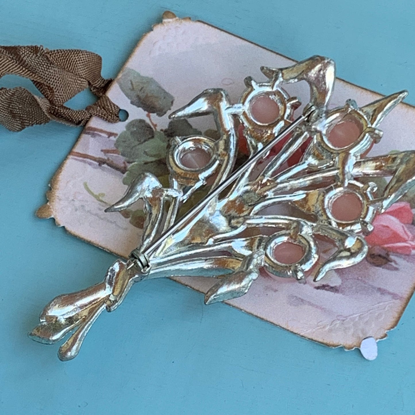 Unsigned Coro Soft Pink moon Glow Lucite & Rhinestone Stylized Floral Bouquet Pin