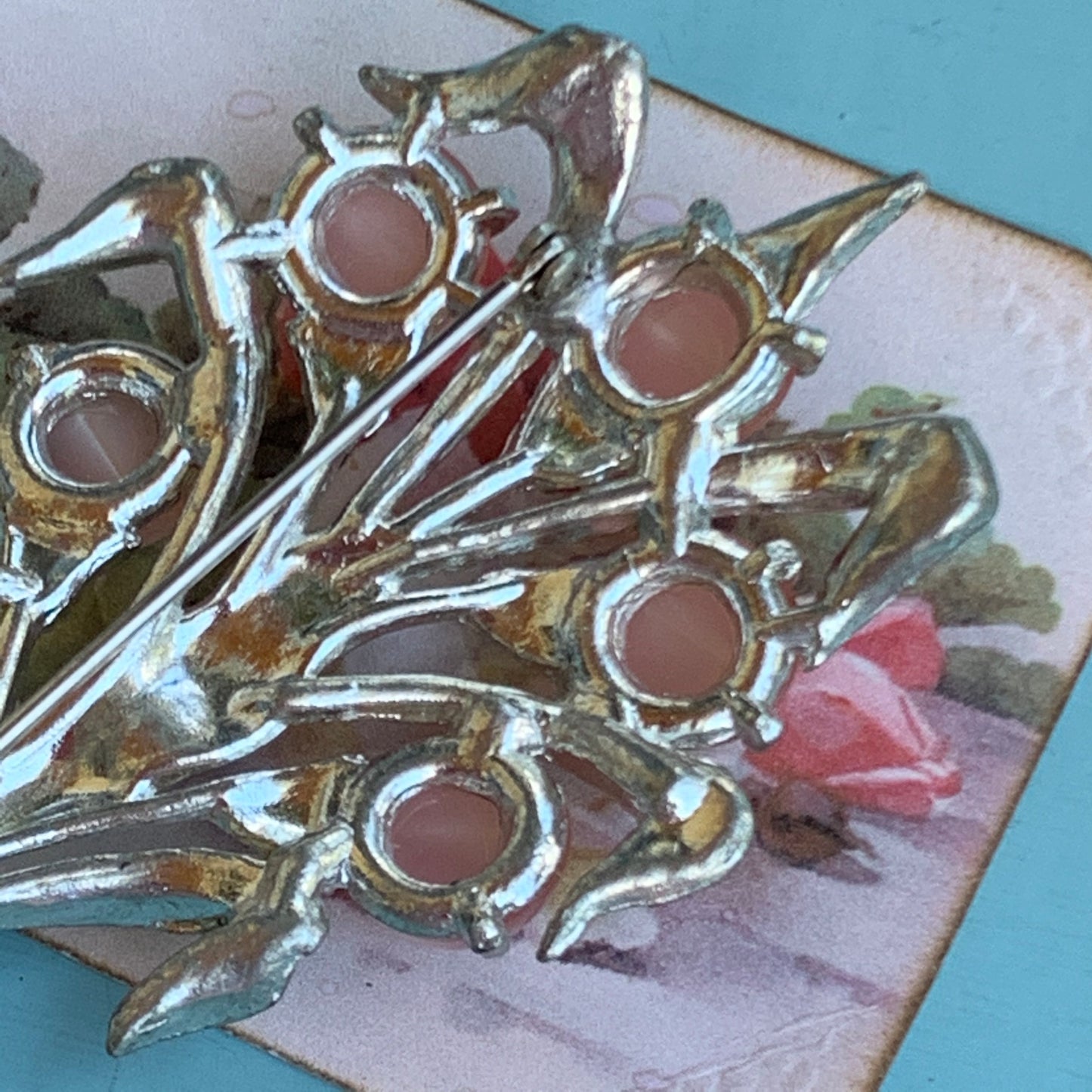 Unsigned Coro Soft Pink moon Glow Lucite & Rhinestone Stylized Floral Bouquet Pin