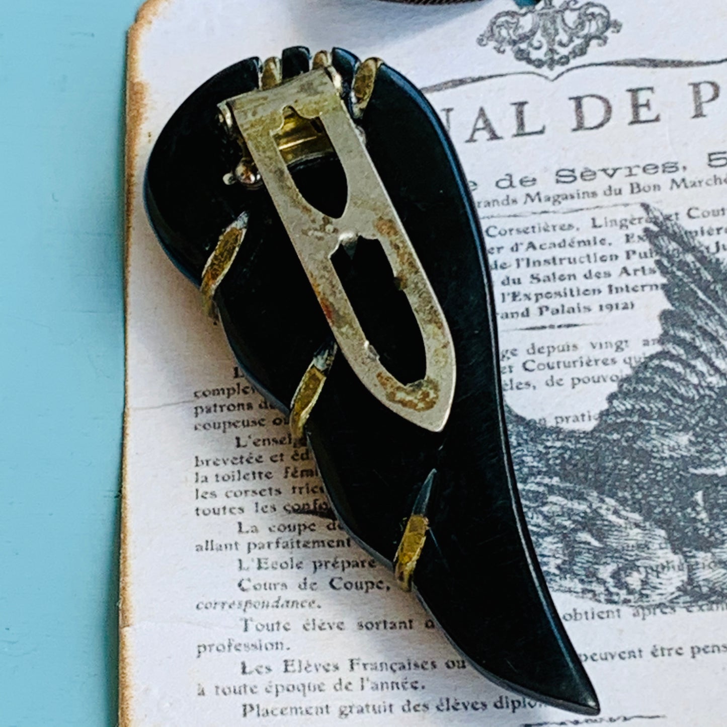 Black Carved Bakelite Mourning Jewelry Angel Wing Dress Clip