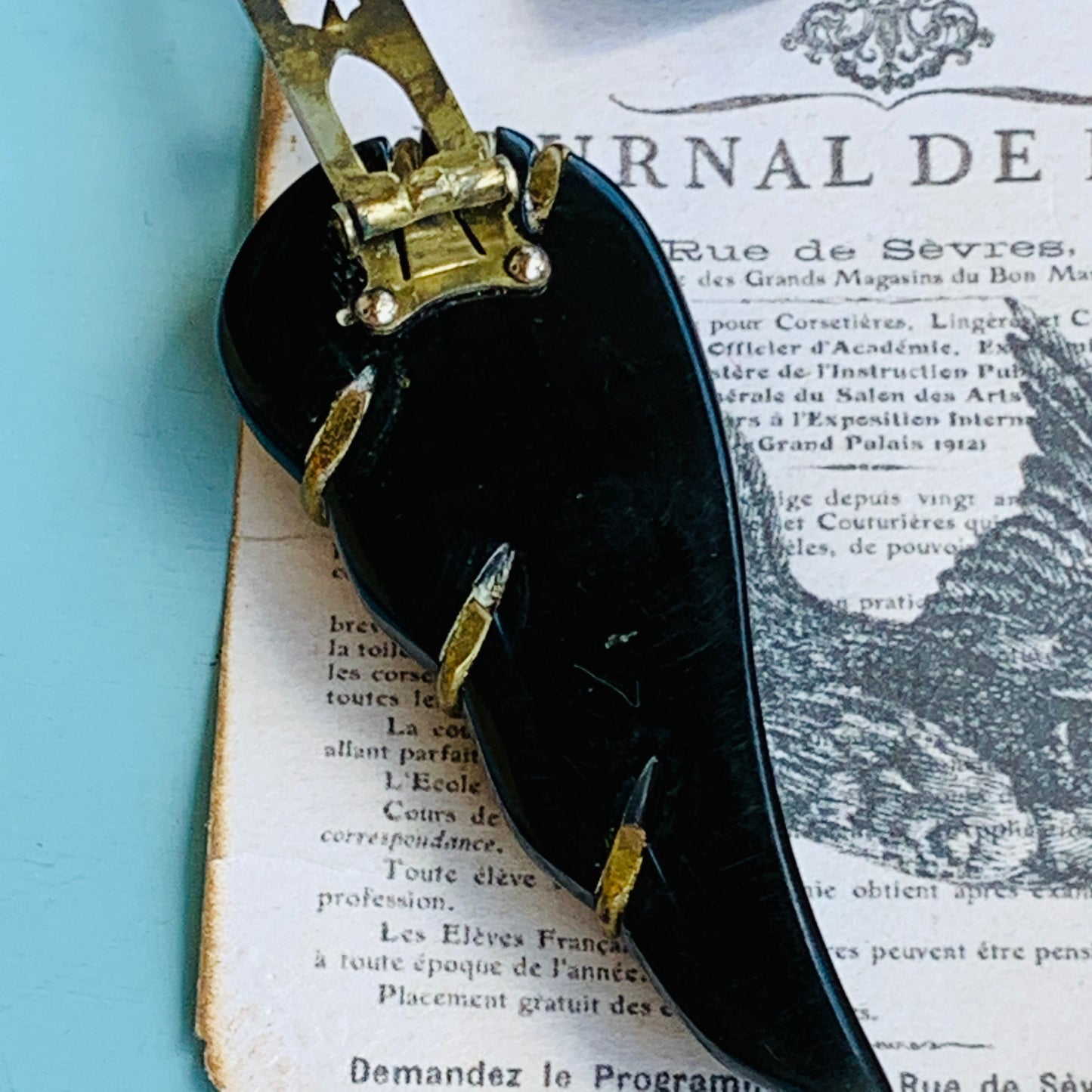Black Carved Bakelite Mourning Jewelry Angel Wing Dress Clip