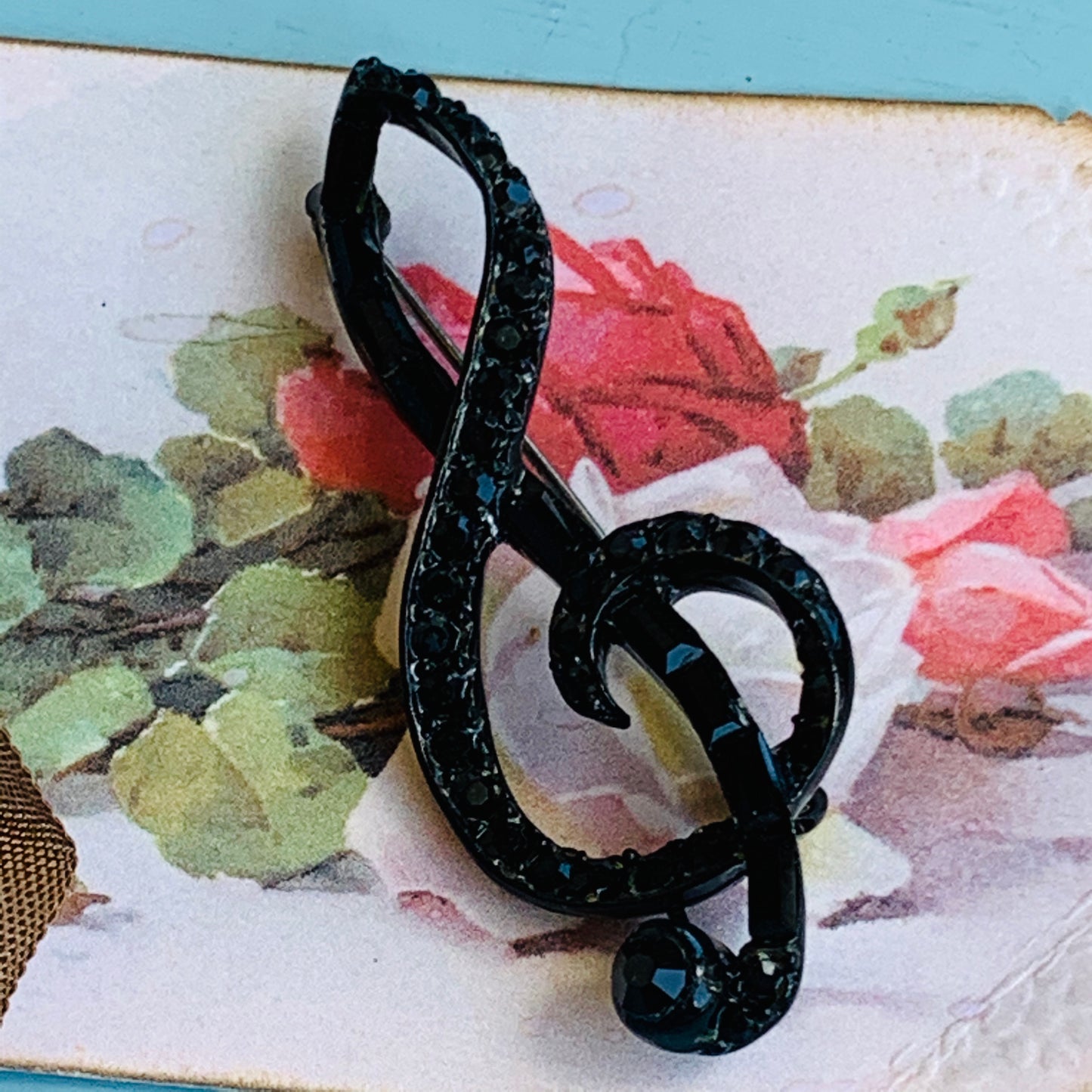 Vintage Black Rhinestone Musical G Clef Brooch