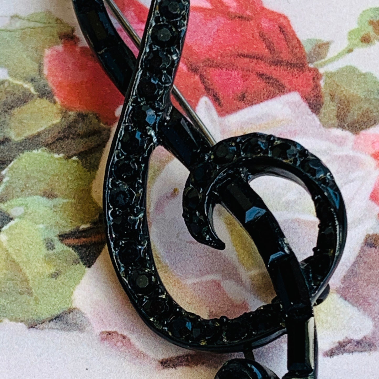 Vintage Black Rhinestone Musical G Clef Brooch