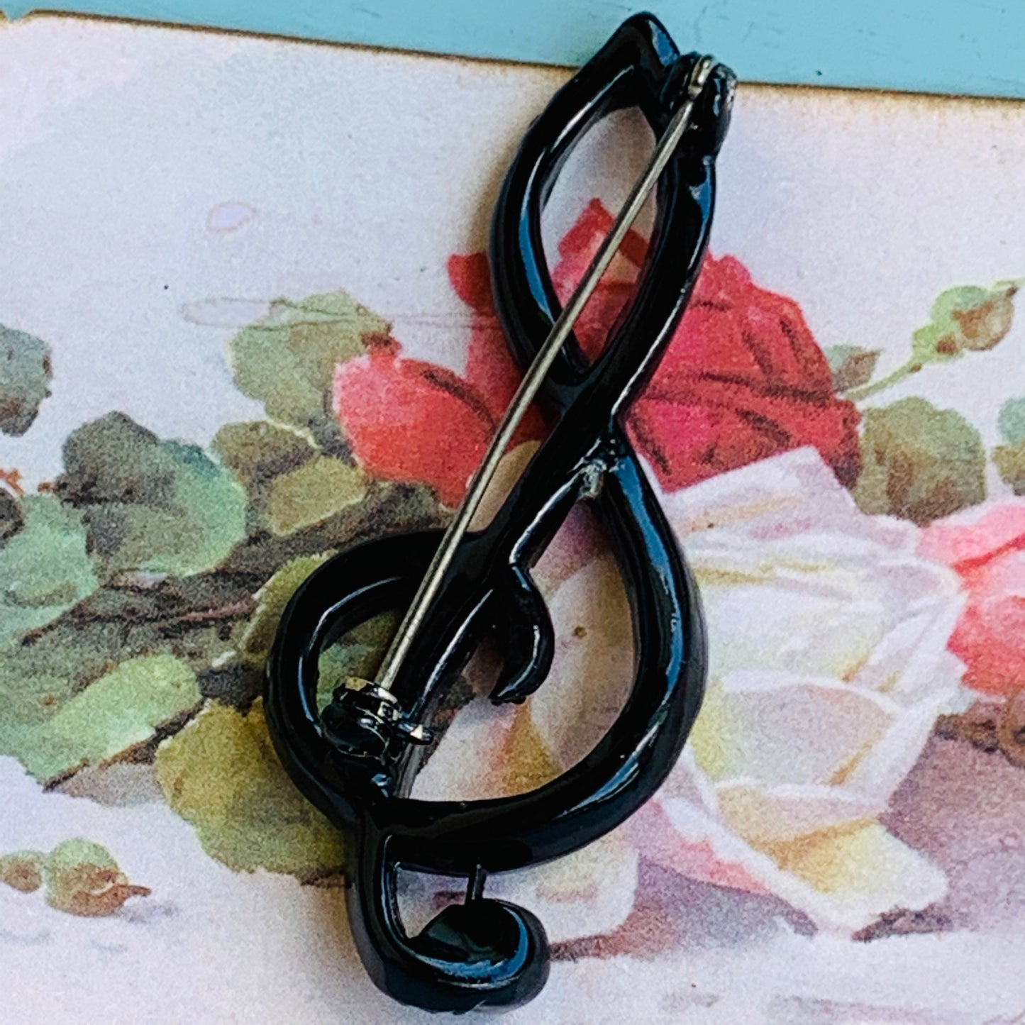 Vintage Black Rhinestone Musical G Clef Brooch