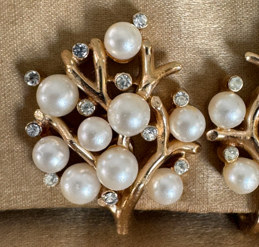 Trifari Faux Pearl & Clear Rhinestone Clip Earrings