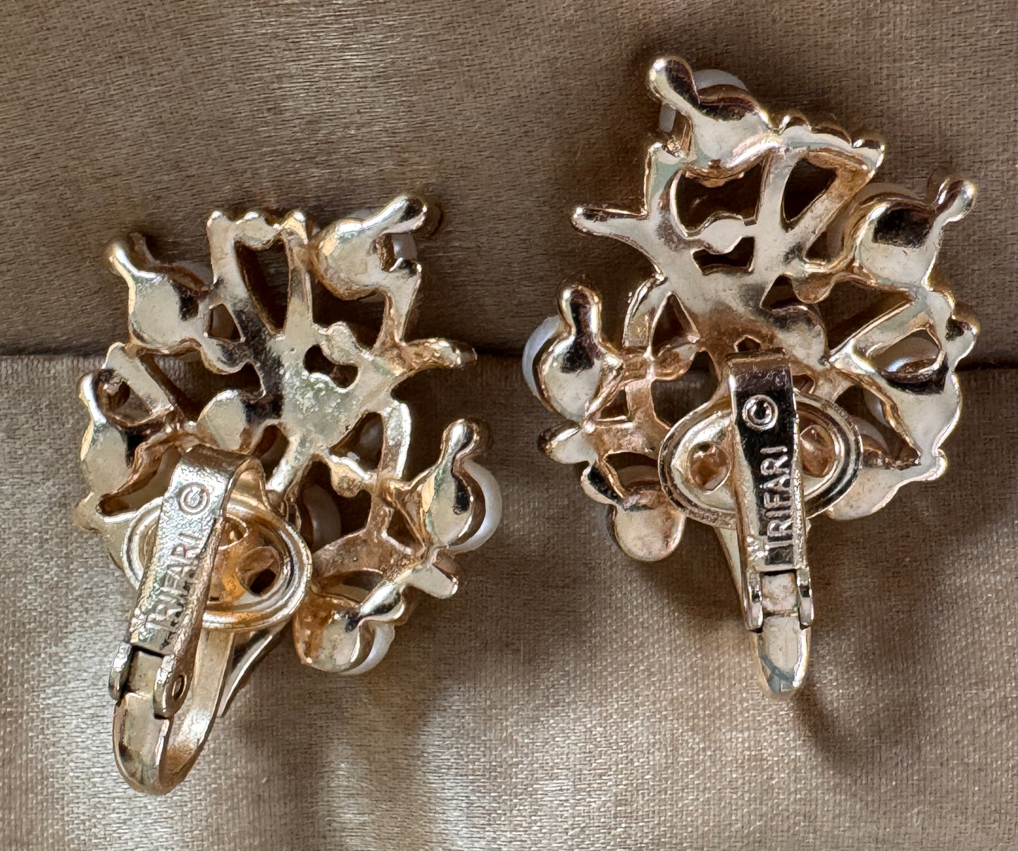 Trifari Faux Pearl & Clear Rhinestone Clip Earrings