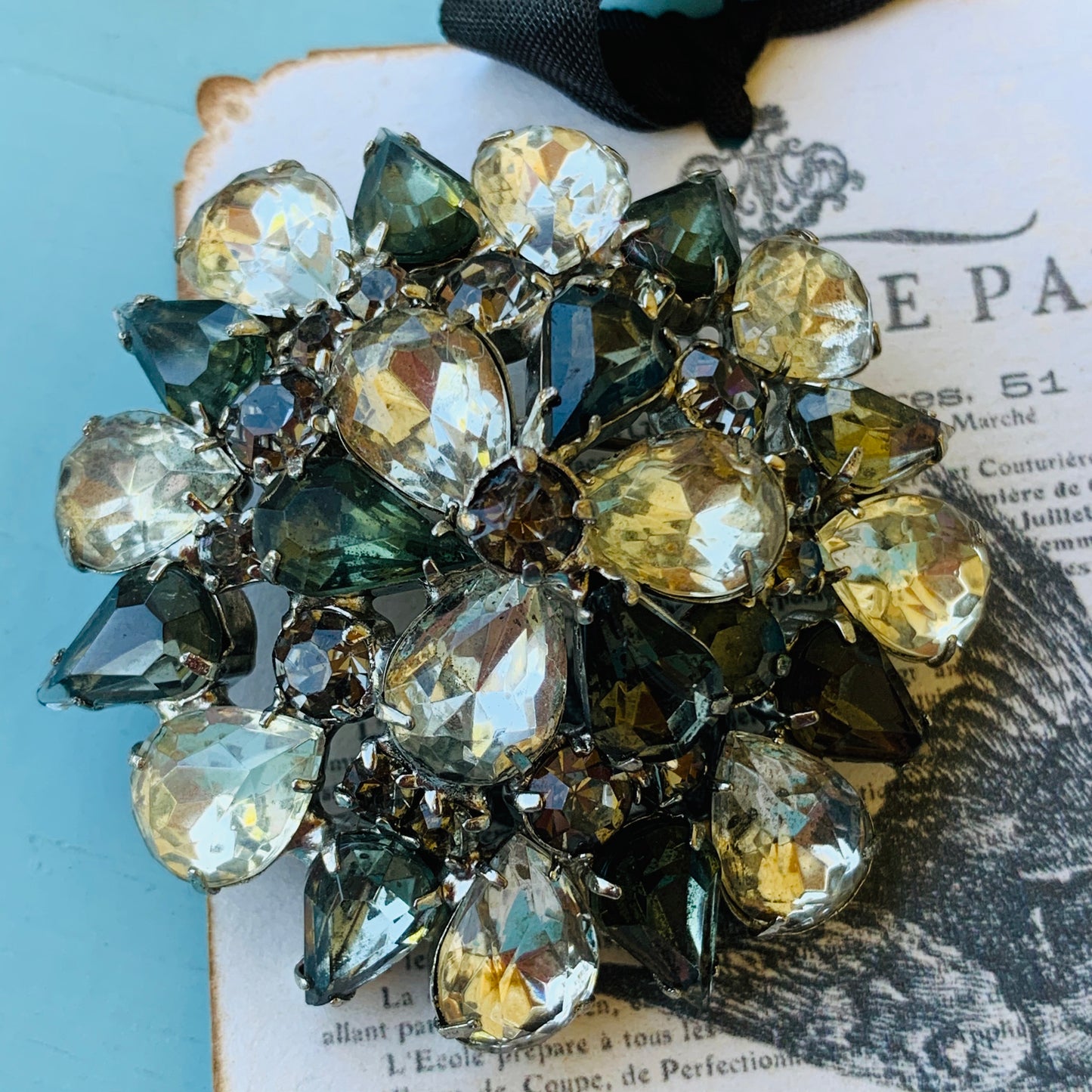 Vintage Black and Clear Rhinestone Brooch Pin