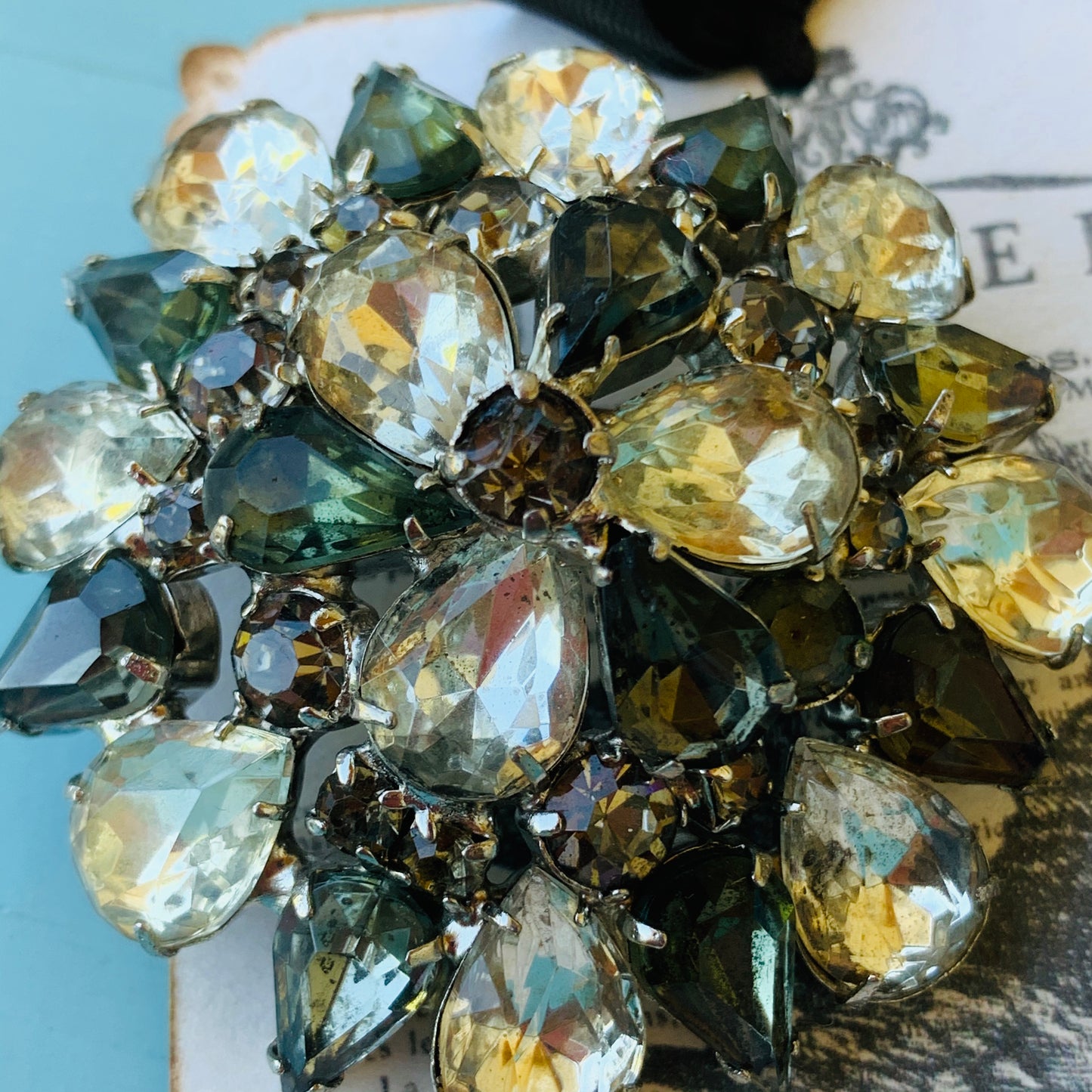 Vintage Black and Clear Rhinestone Brooch Pin