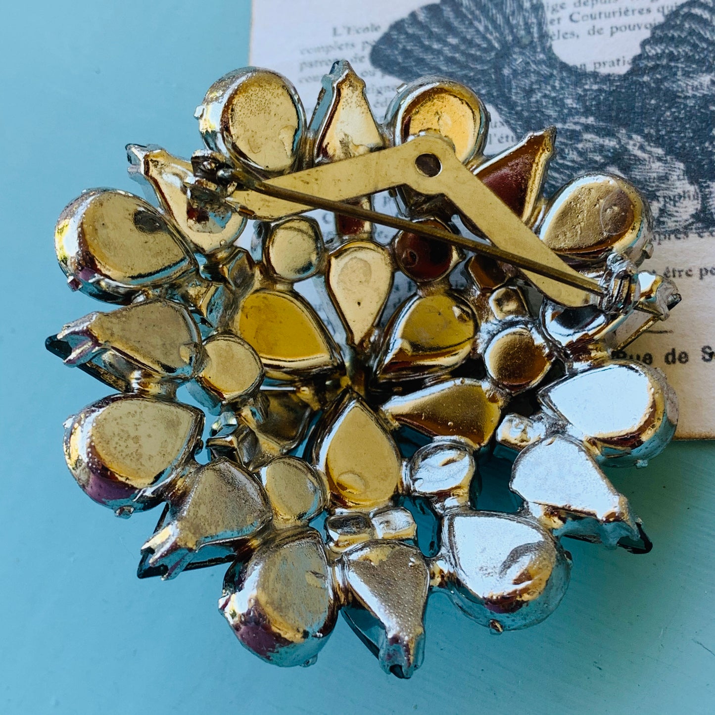 Vintage Black and Clear Rhinestone Brooch Pin