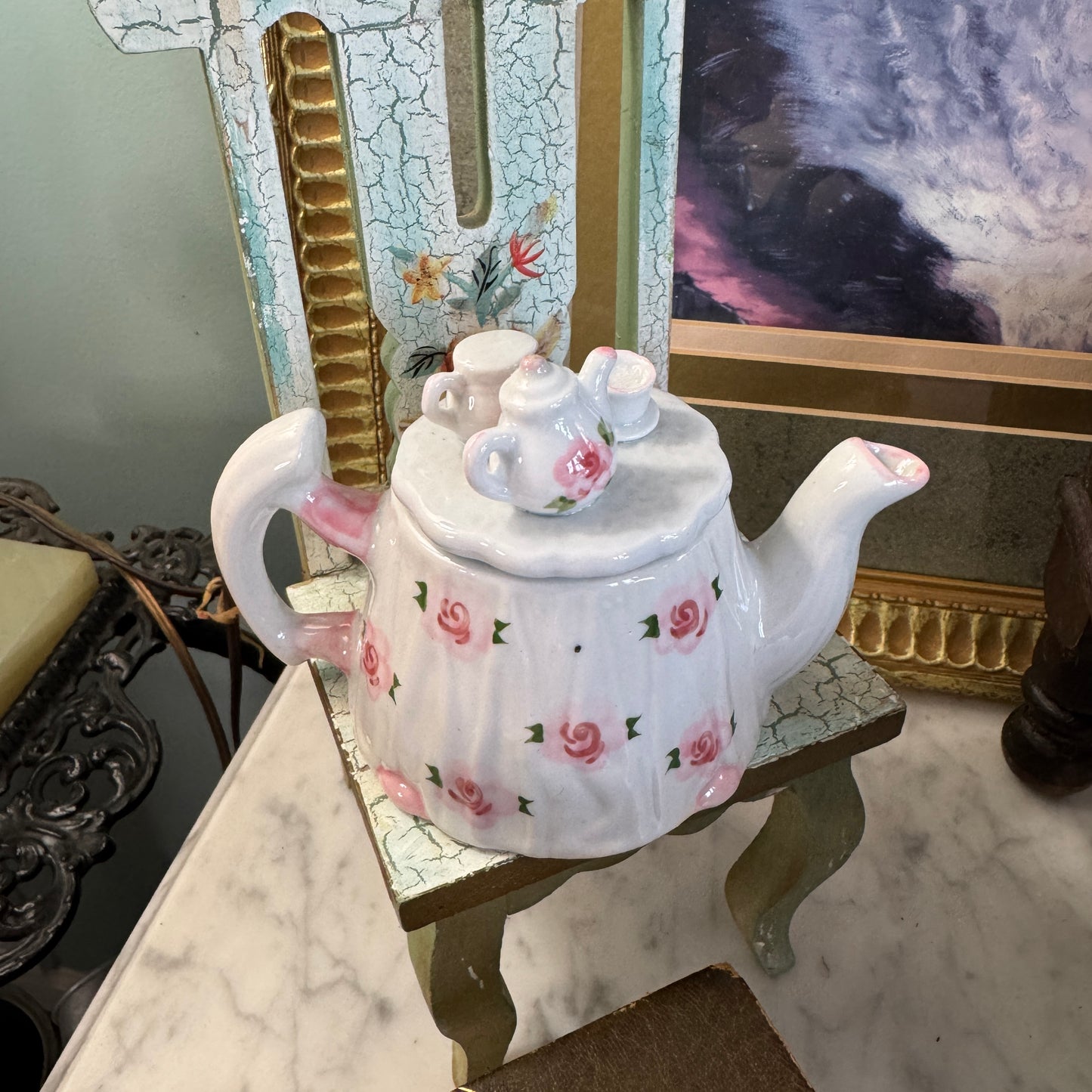 Four Andrea by Sadek Miniature Floral Tea Pots on Lids