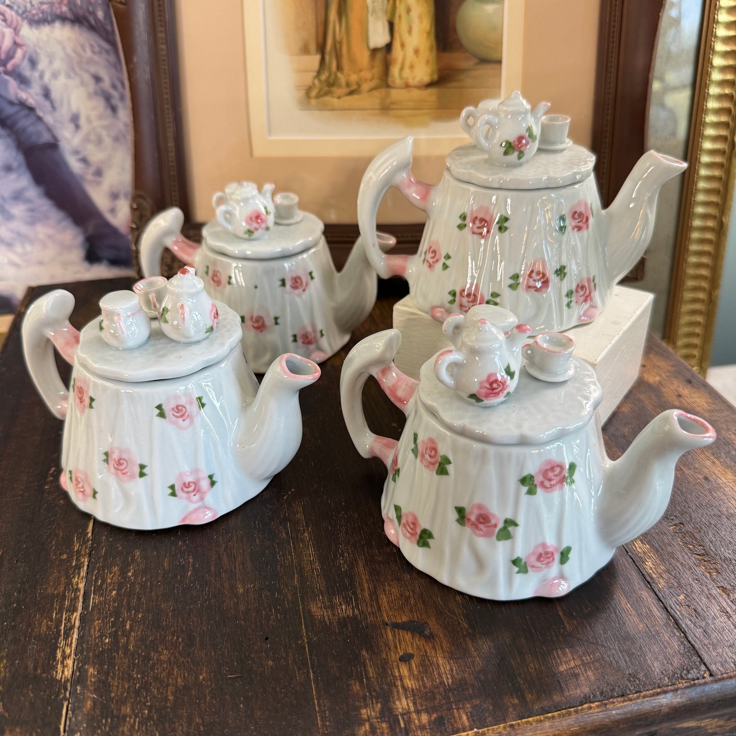 Four Andrea by Sadek Miniature Floral Tea Pots on Lids