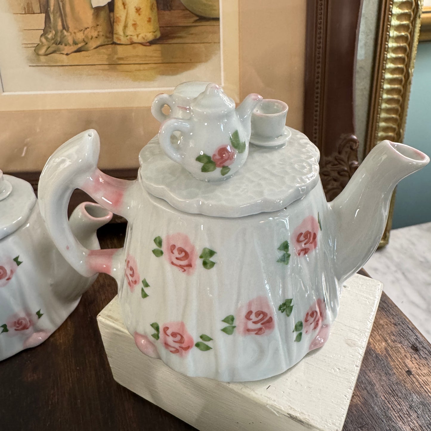 Four Andrea by Sadek Miniature Floral Tea Pots on Lids