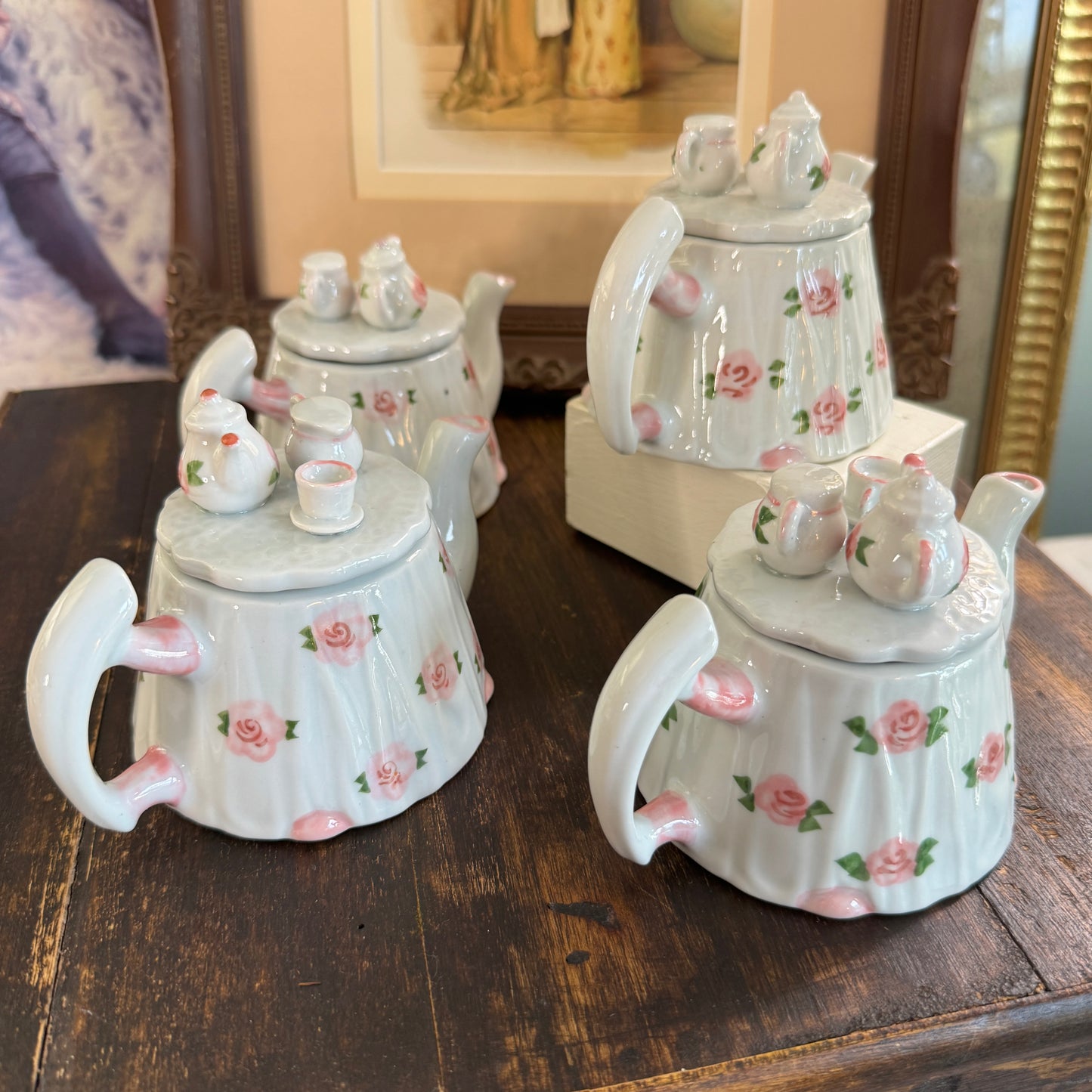 Four Andrea by Sadek Miniature Floral Tea Pots on Lids