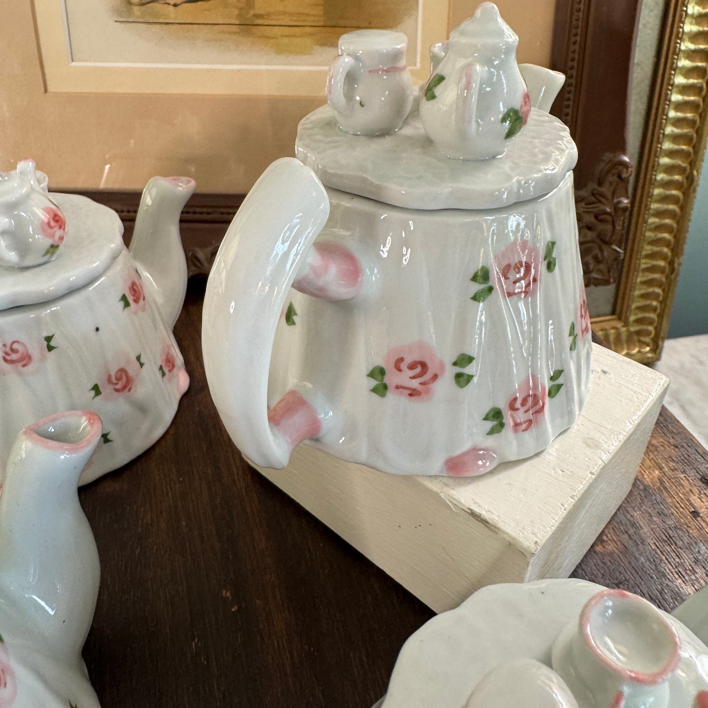 Four Andrea by Sadek Miniature Floral Tea Pots on Lids