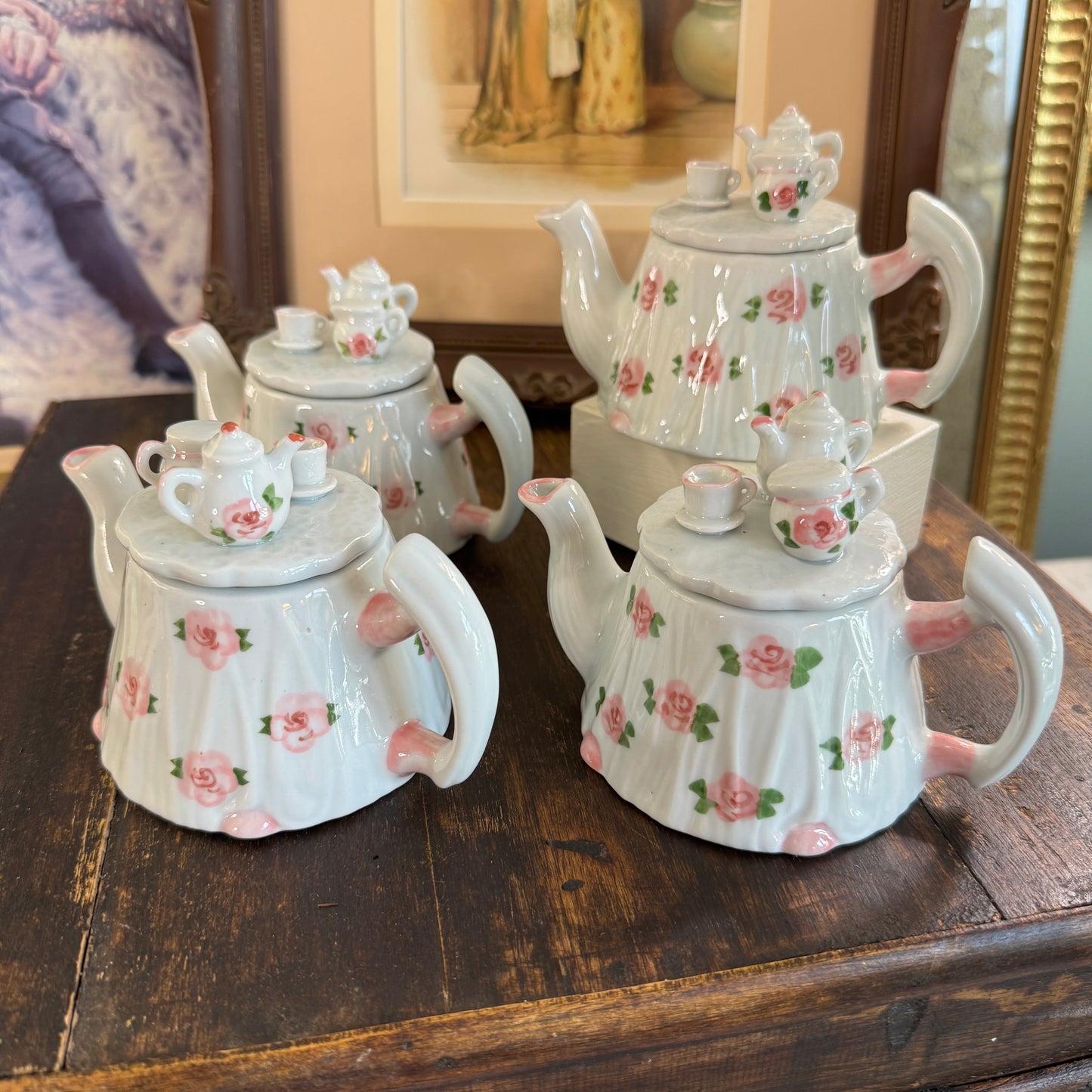Four Andrea by Sadek Miniature Floral Tea Pots on Lids