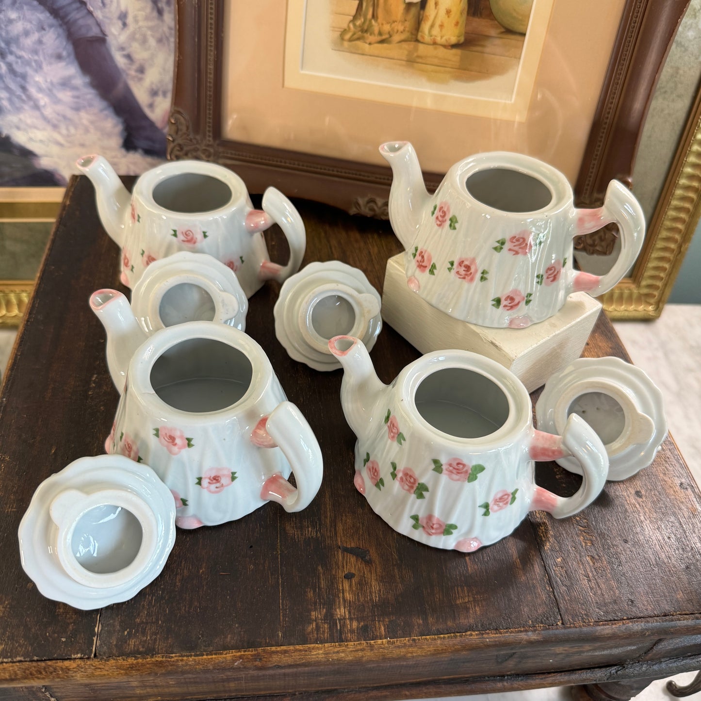 Four Andrea by Sadek Miniature Floral Tea Pots on Lids