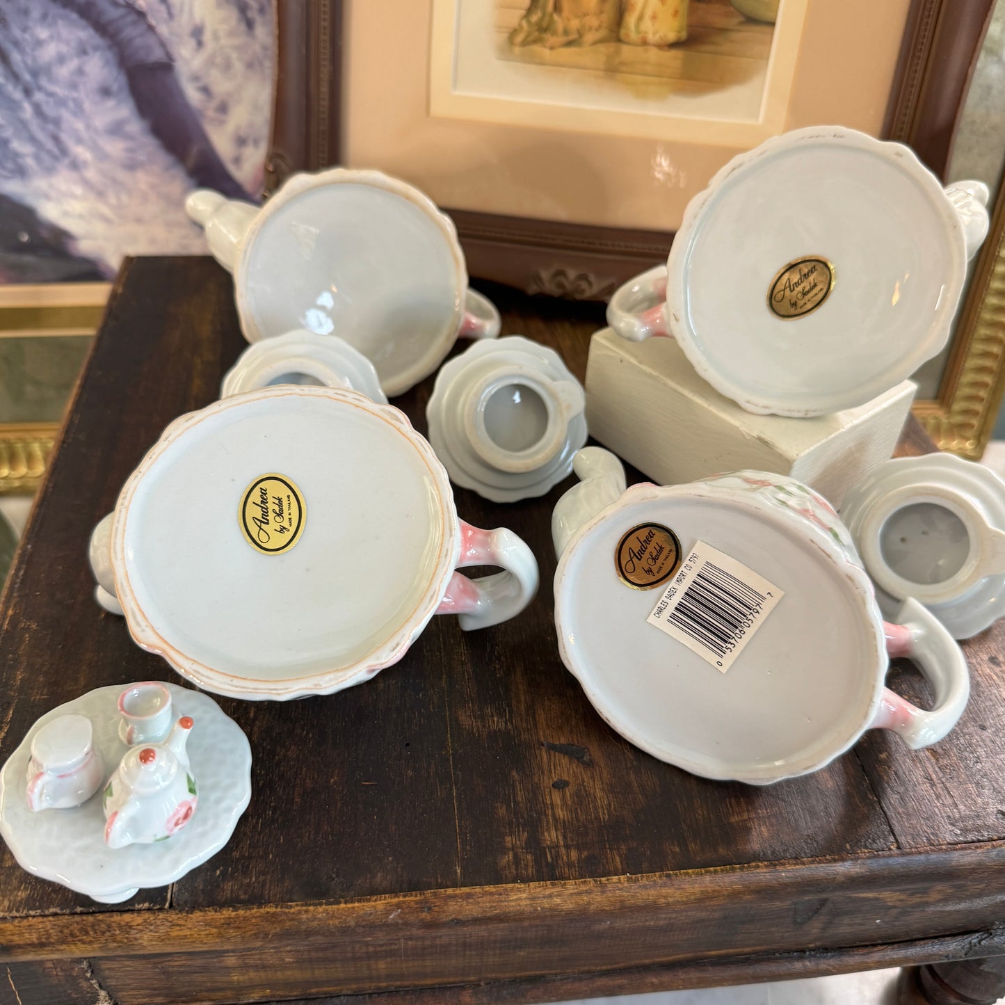 Four Andrea by Sadek Miniature Floral Tea Pots on Lids
