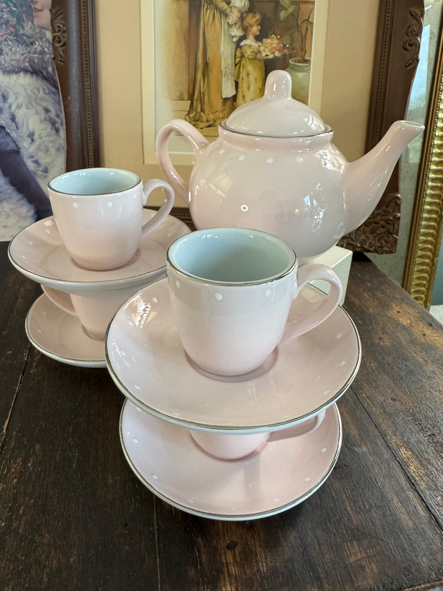 Pottery Barn Kids Pink Polka Dot Porcelain Tea Set in Orig Box