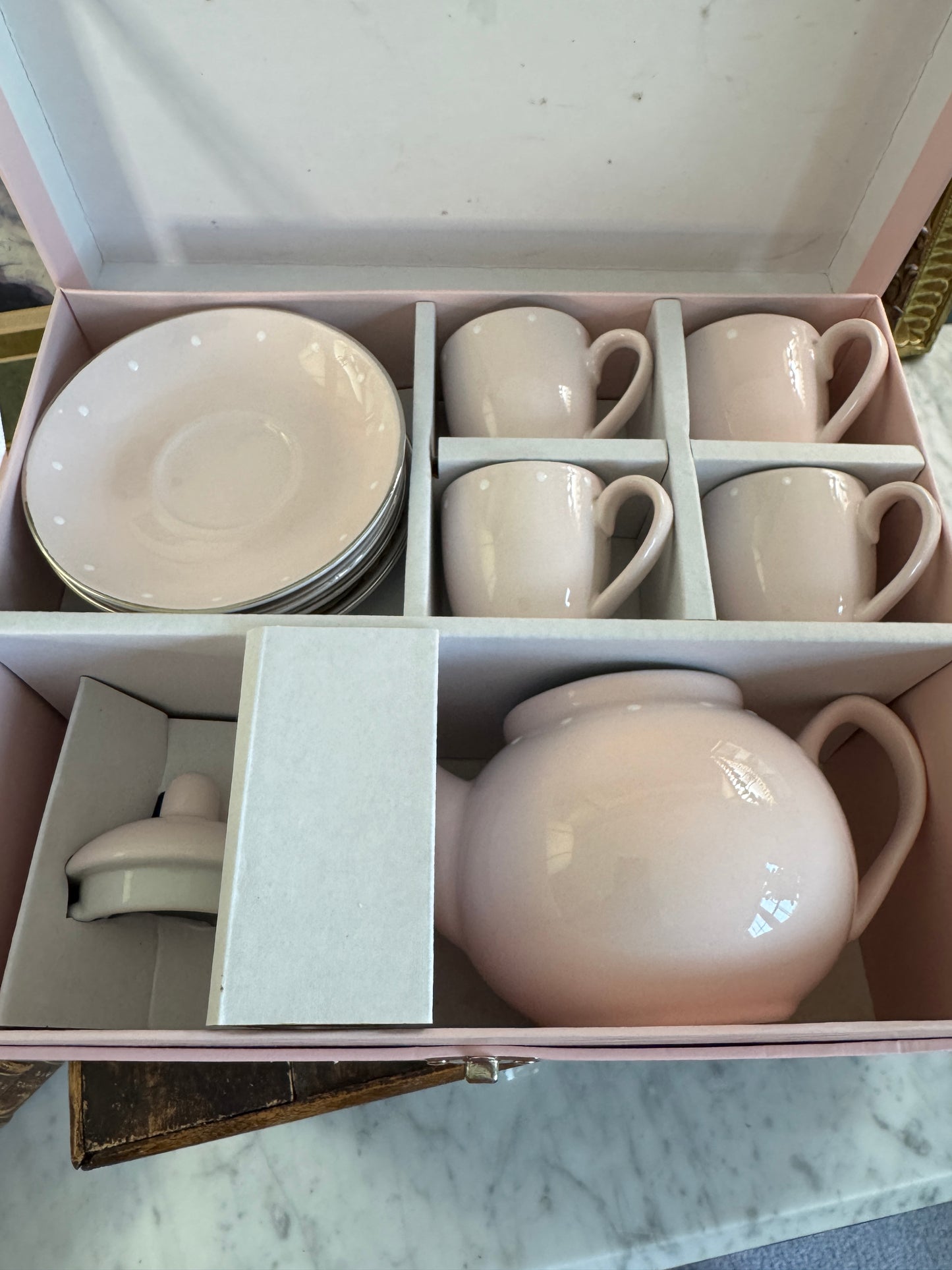 Pottery Barn Kids Pink Polka Dot Porcelain Tea Set in Orig Box