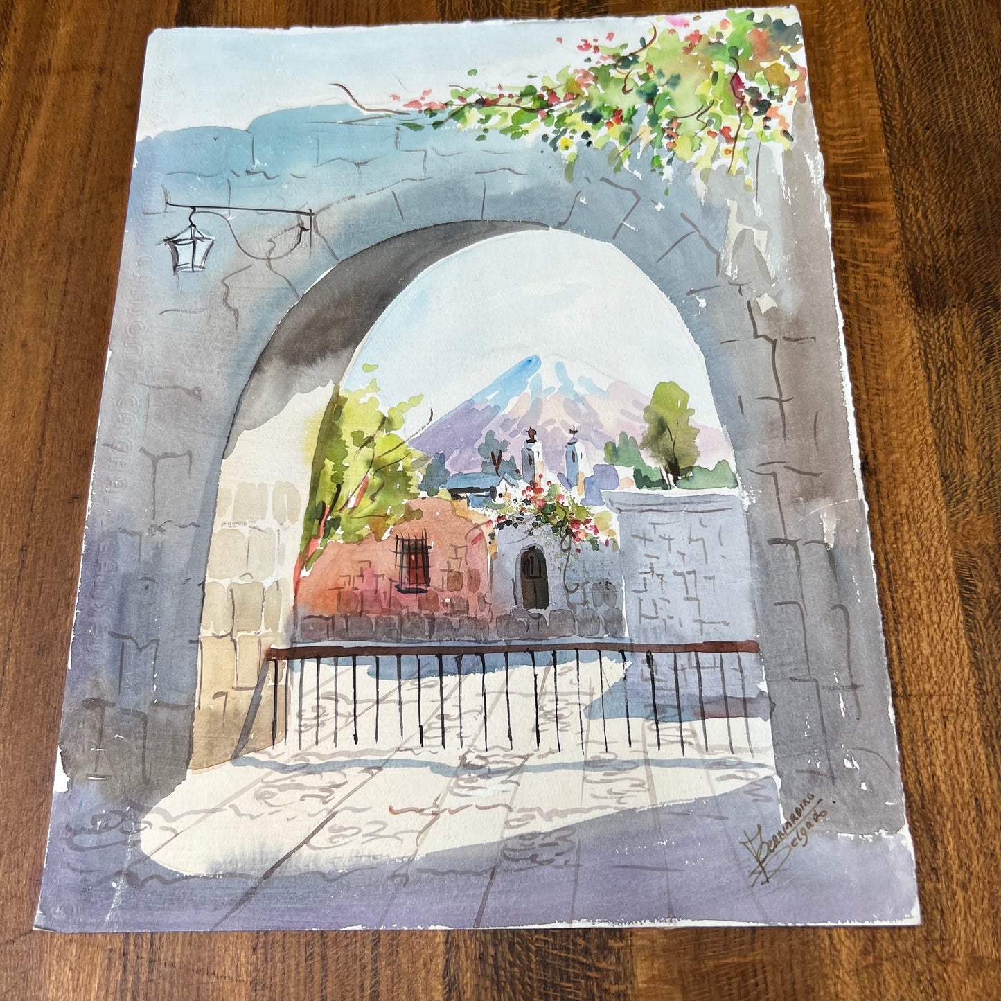 Vintage Bernardino Delgado Watercolor Landscape 1986 10" x 13"
