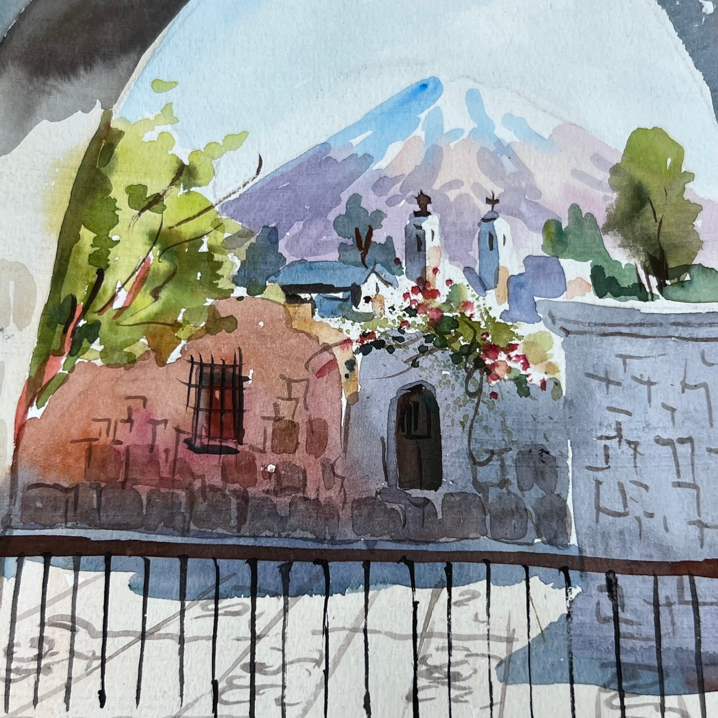 Vintage Bernardino Delgado Watercolor Landscape 1986 10" x 13"