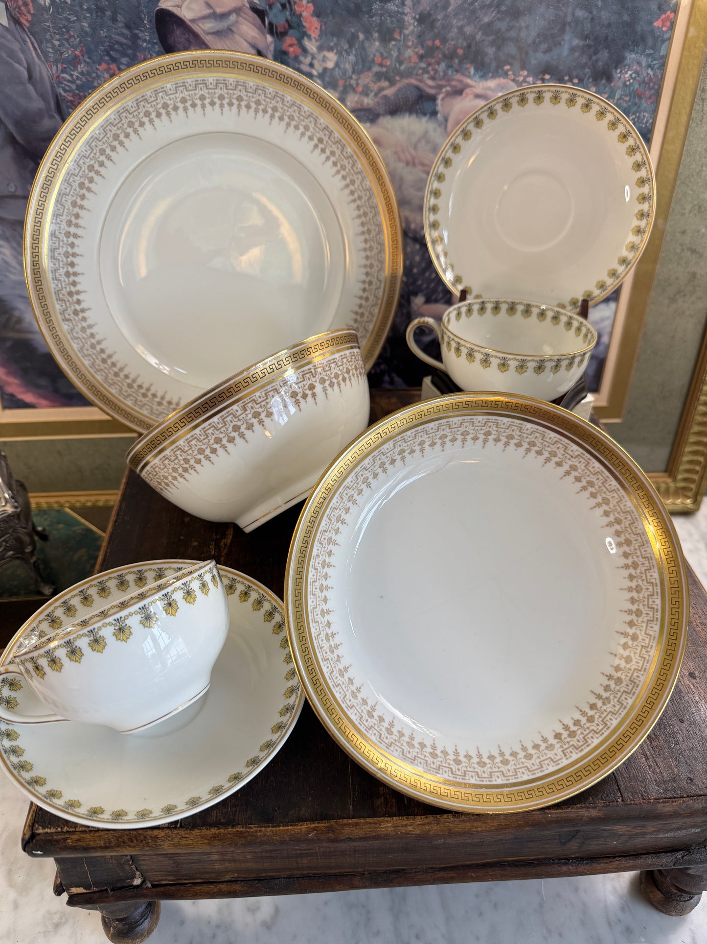 Three D & C Limoges French Greek Key Plates and Bowls R. Dalinieres