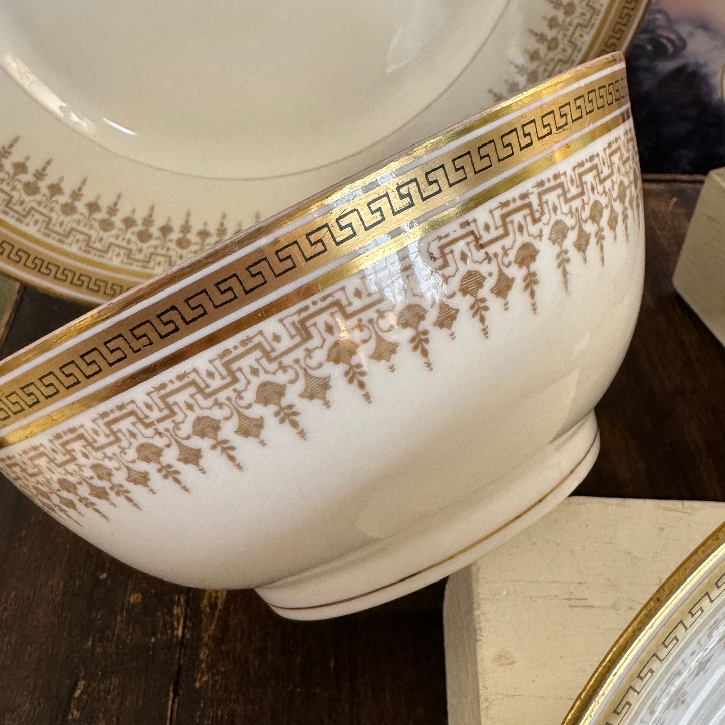 Three D & C Limoges French Greek Key Plates and Bowls R. Dalinieres