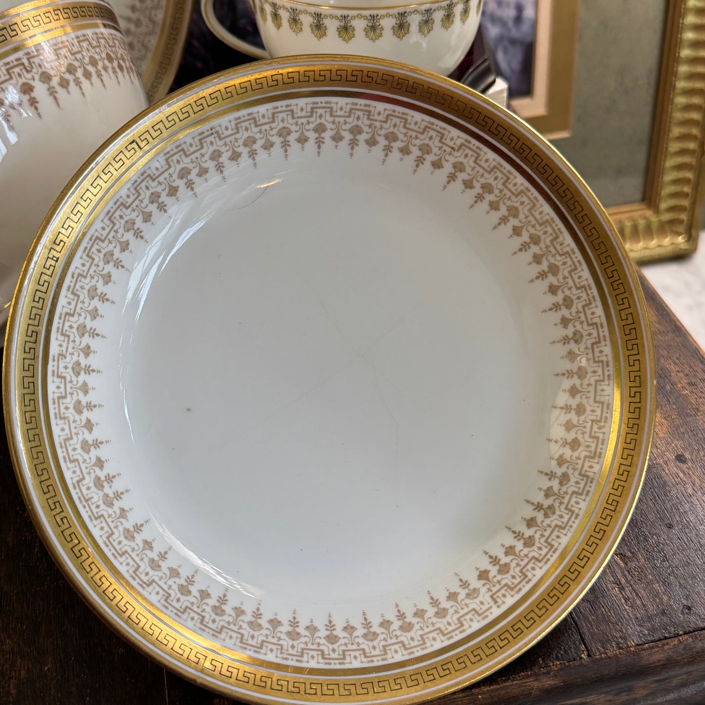 Three D & C Limoges French Greek Key Plates and Bowls R. Dalinieres