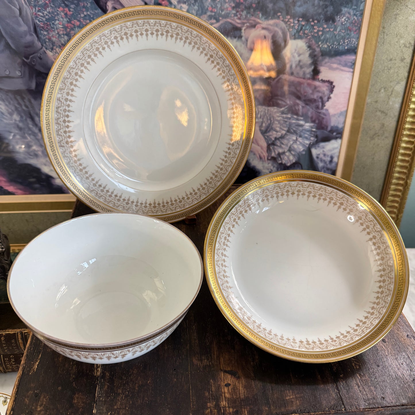 Three D & C Limoges French Greek Key Plates and Bowls R. Dalinieres