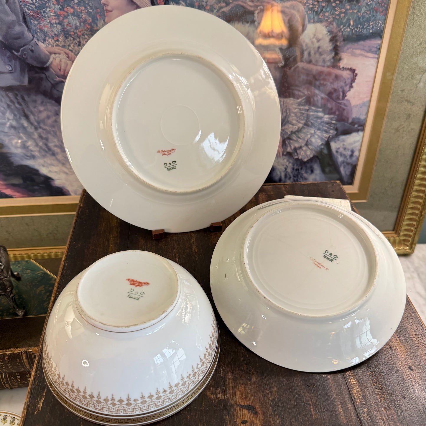 Three D & C Limoges French Greek Key Plates and Bowls R. Dalinieres