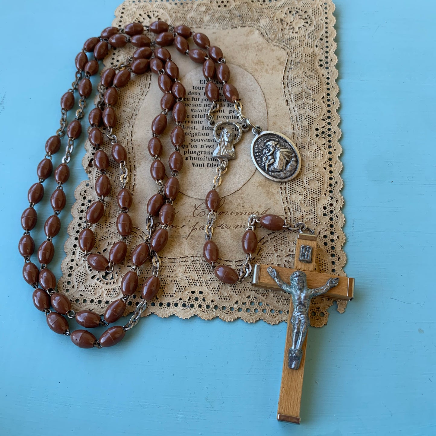 Vintage Italian Soft Brown Plastic Bead Wire Rosary & St. Anthony Medal
