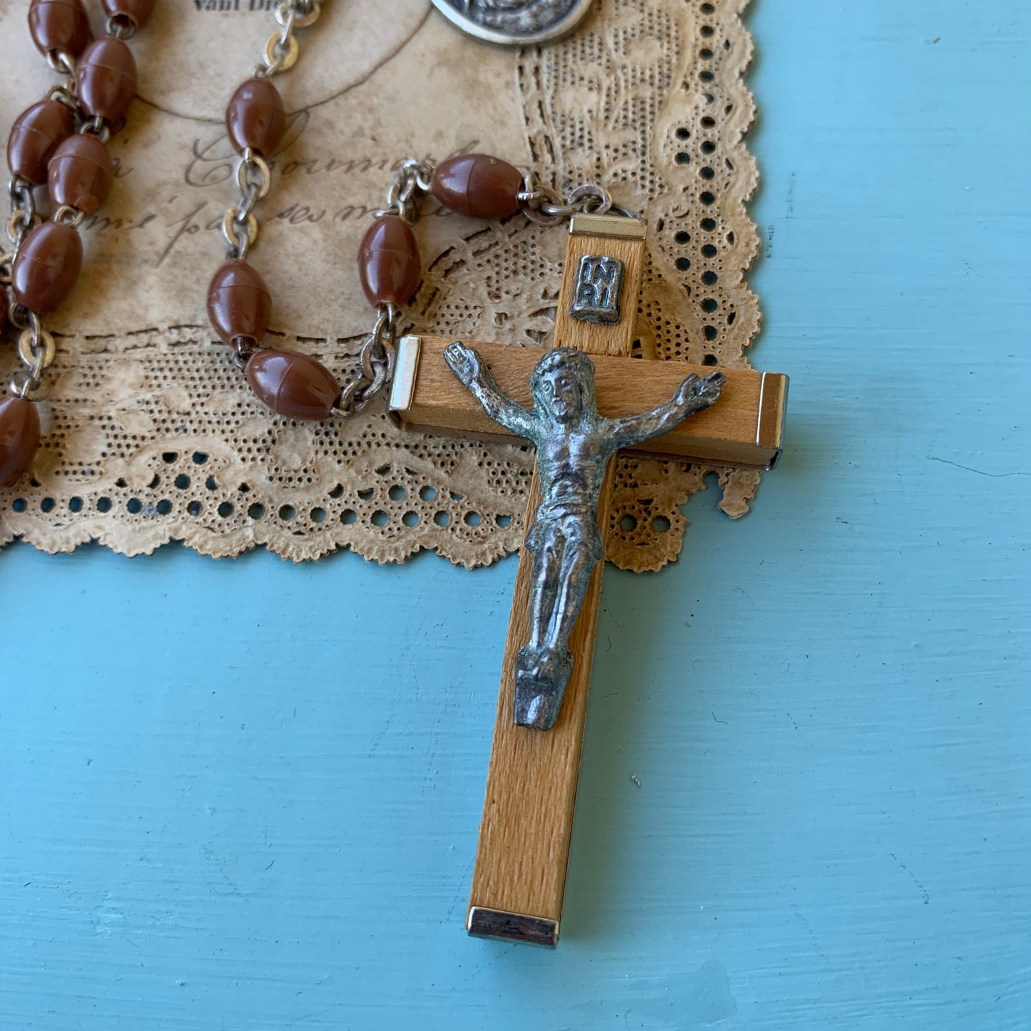 Vintage Italian Soft Brown Plastic Bead Wire Rosary & St. Anthony Medal