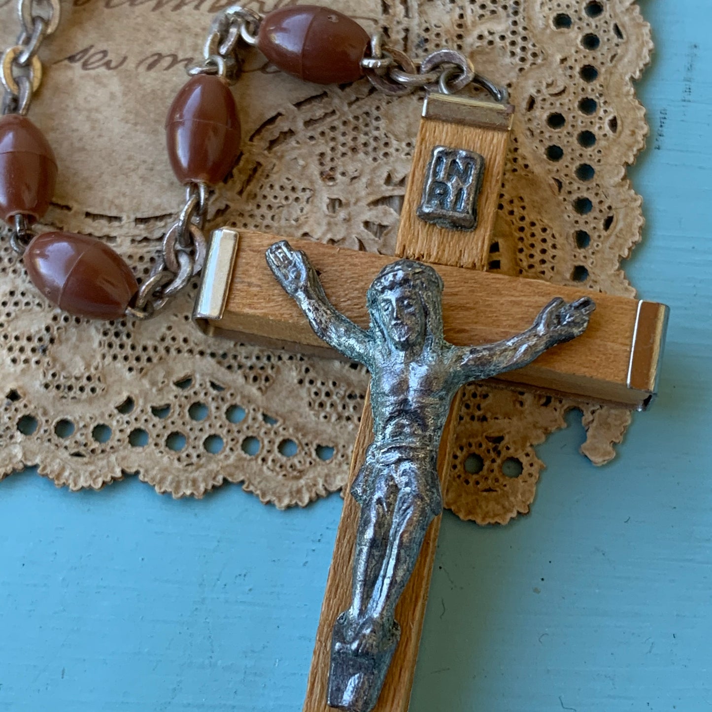 Vintage Italian Soft Brown Plastic Bead Wire Rosary & St. Anthony Medal