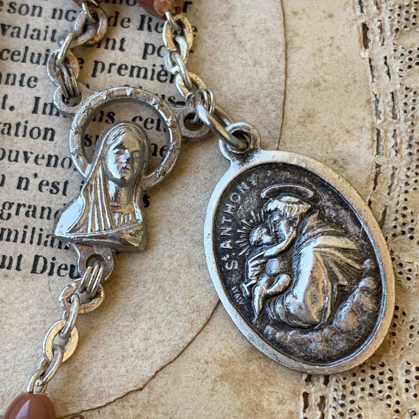 Vintage Italian Soft Brown Plastic Bead Wire Rosary & St. Anthony Medal