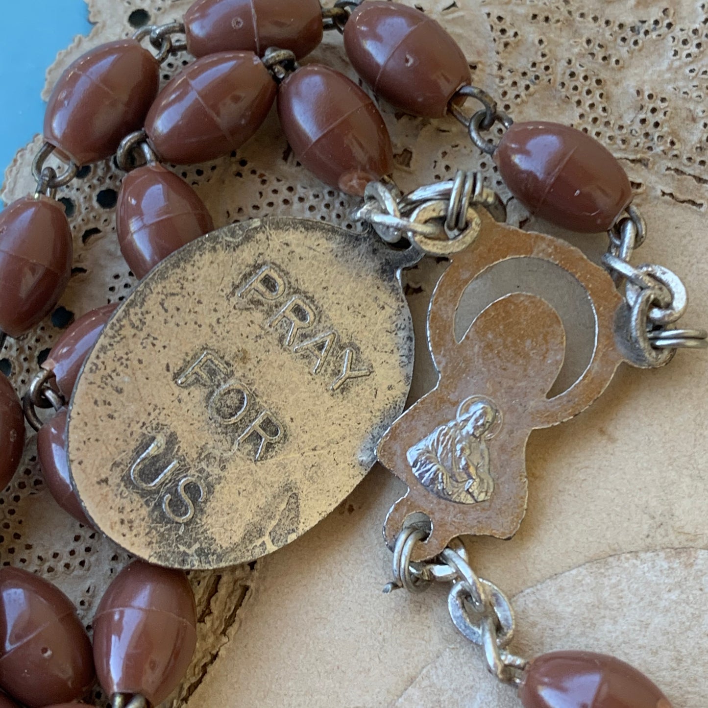 Vintage Italian Soft Brown Plastic Bead Wire Rosary & St. Anthony Medal