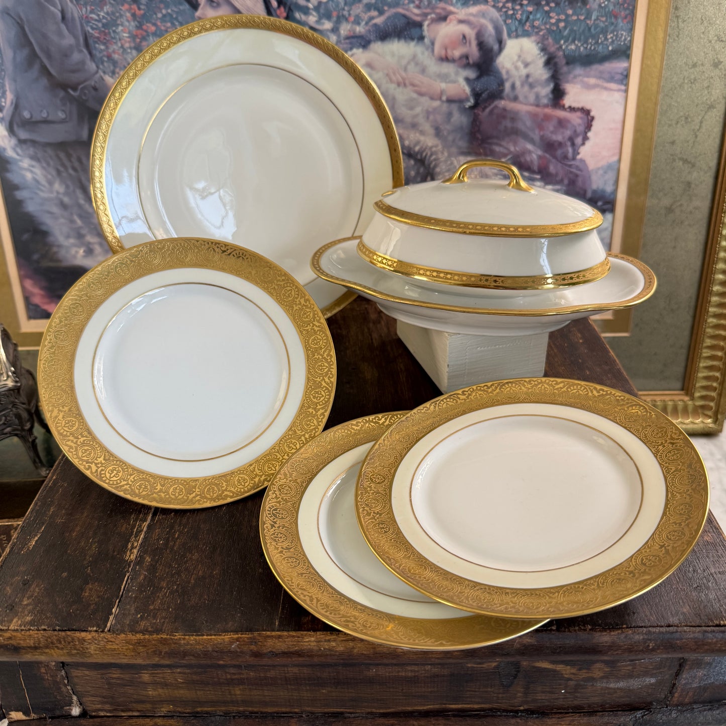 Three French P & L Limoges M. Redon Fleur De Lis Gilt Border Bread & Butter Plates