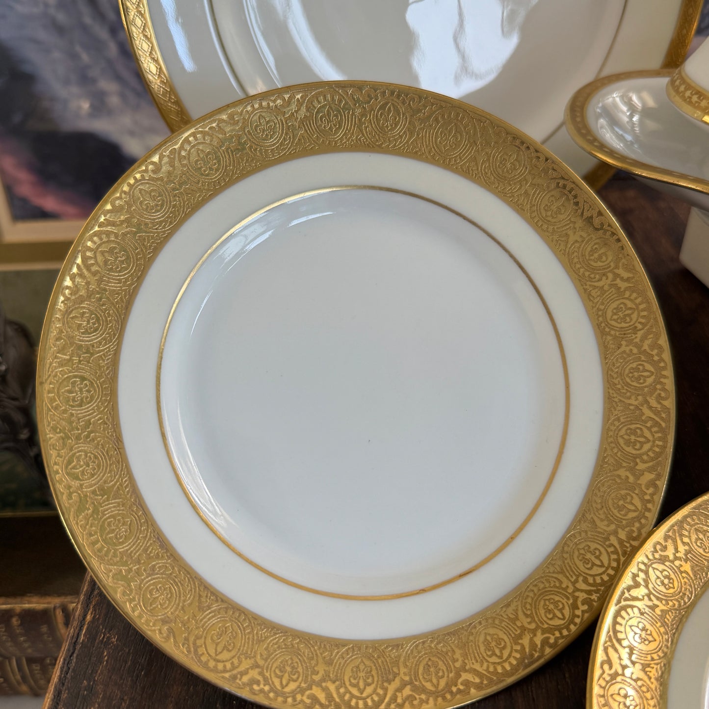 Three French P & L Limoges M. Redon Fleur De Lis Gilt Border Bread & Butter Plates