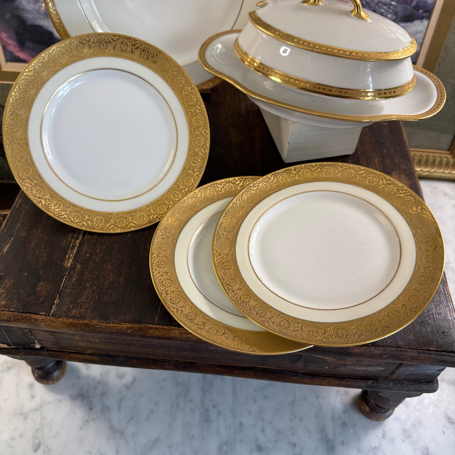 Three French P & L Limoges M. Redon Fleur De Lis Gilt Border Bread & Butter Plates