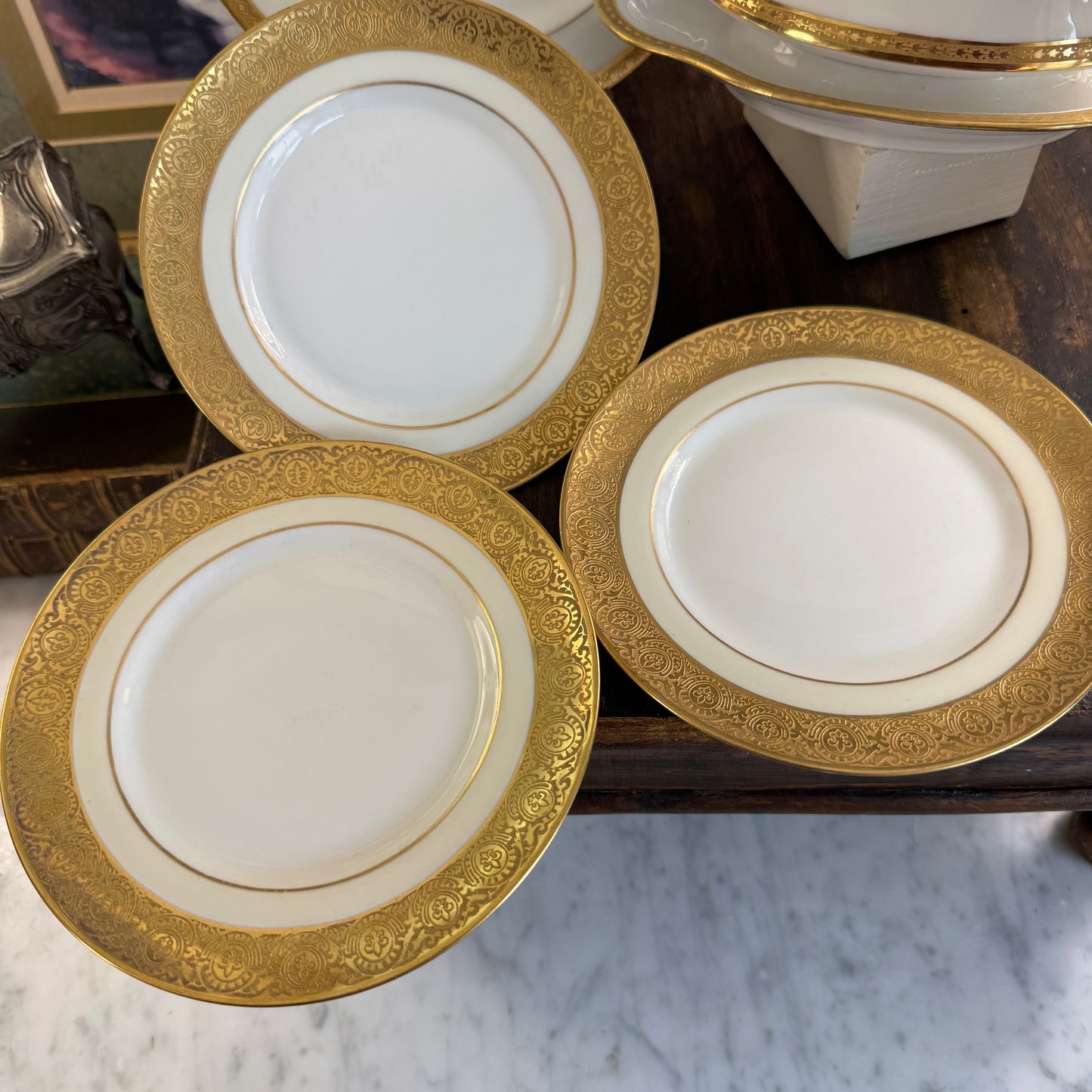 Three French P & L Limoges M. Redon Fleur De Lis Gilt Border Bread & Butter Plates