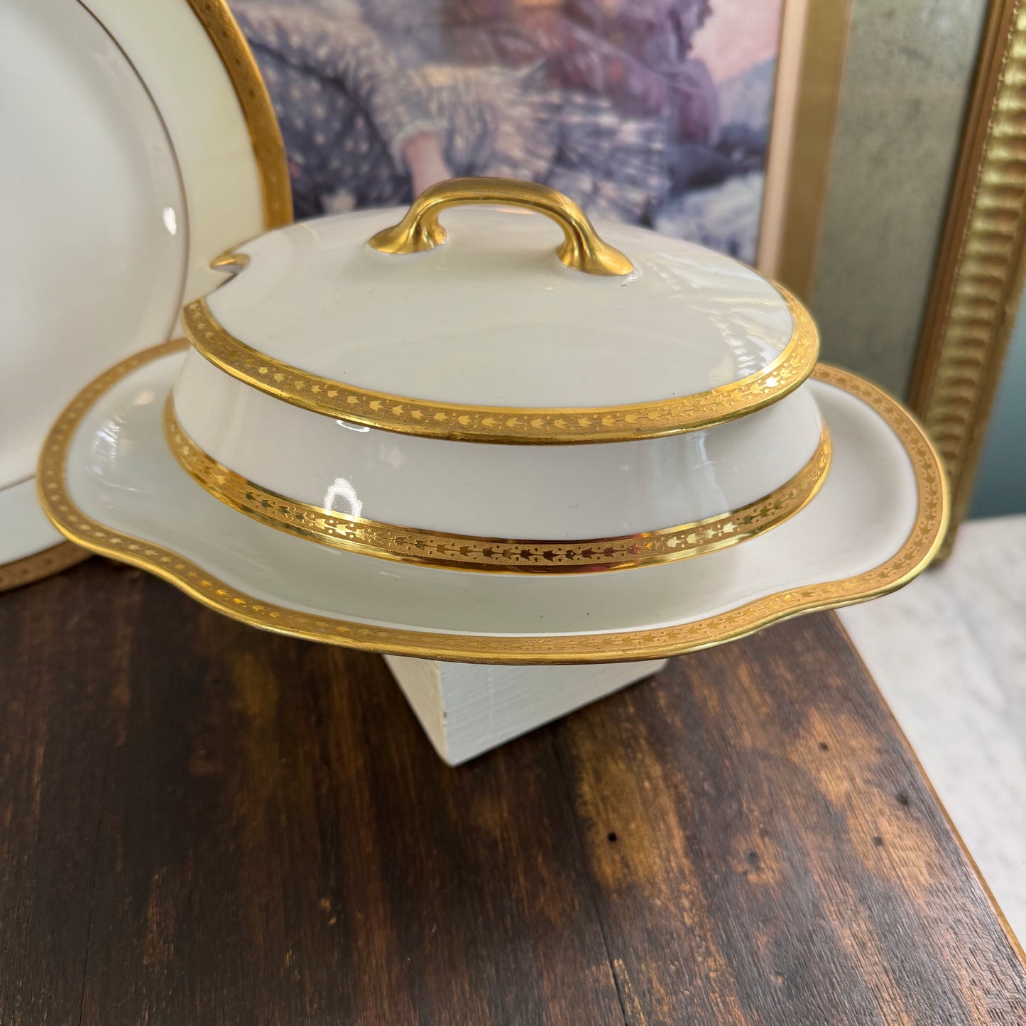 French Old Abbey Limoges Covered Sauce Boat & Underplate Gilt Edge