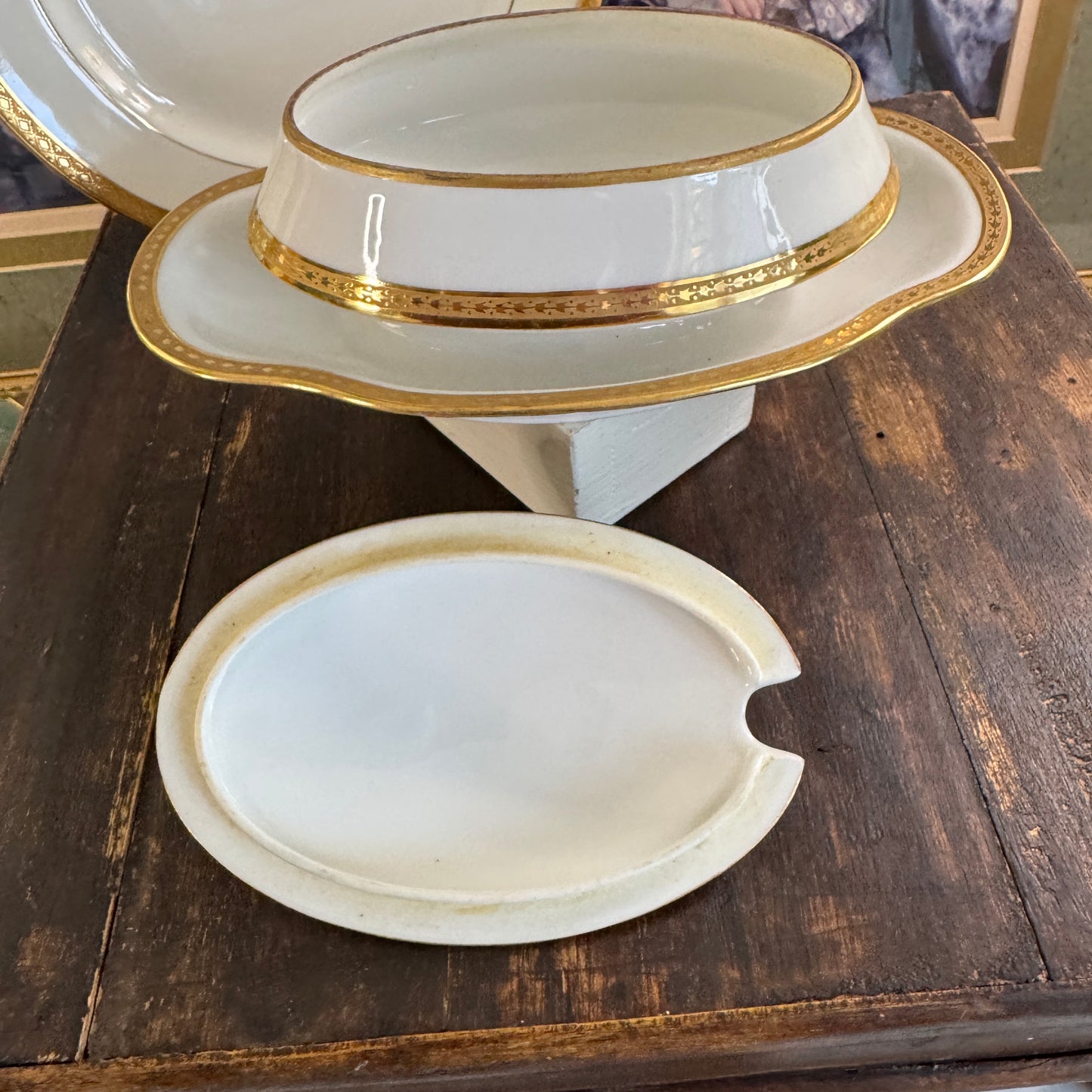 French Old Abbey Limoges Covered Sauce Boat & Underplate Gilt Edge